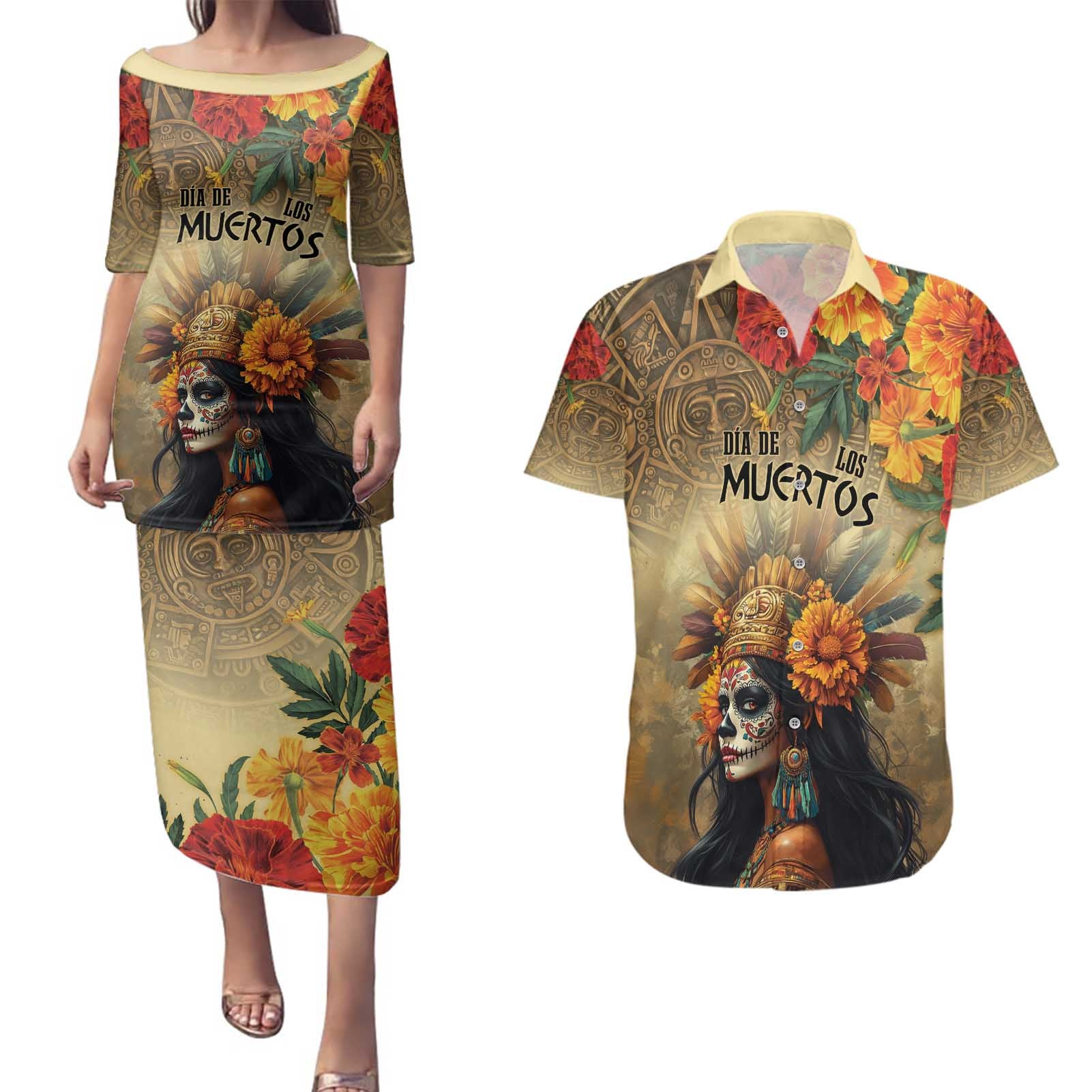 Dia de Los Muertos Mexico Couples Matching Puletasi and Hawaiian Shirt Aztec Goddess Mictecacihuatl LT7 - Wonder Print Shop