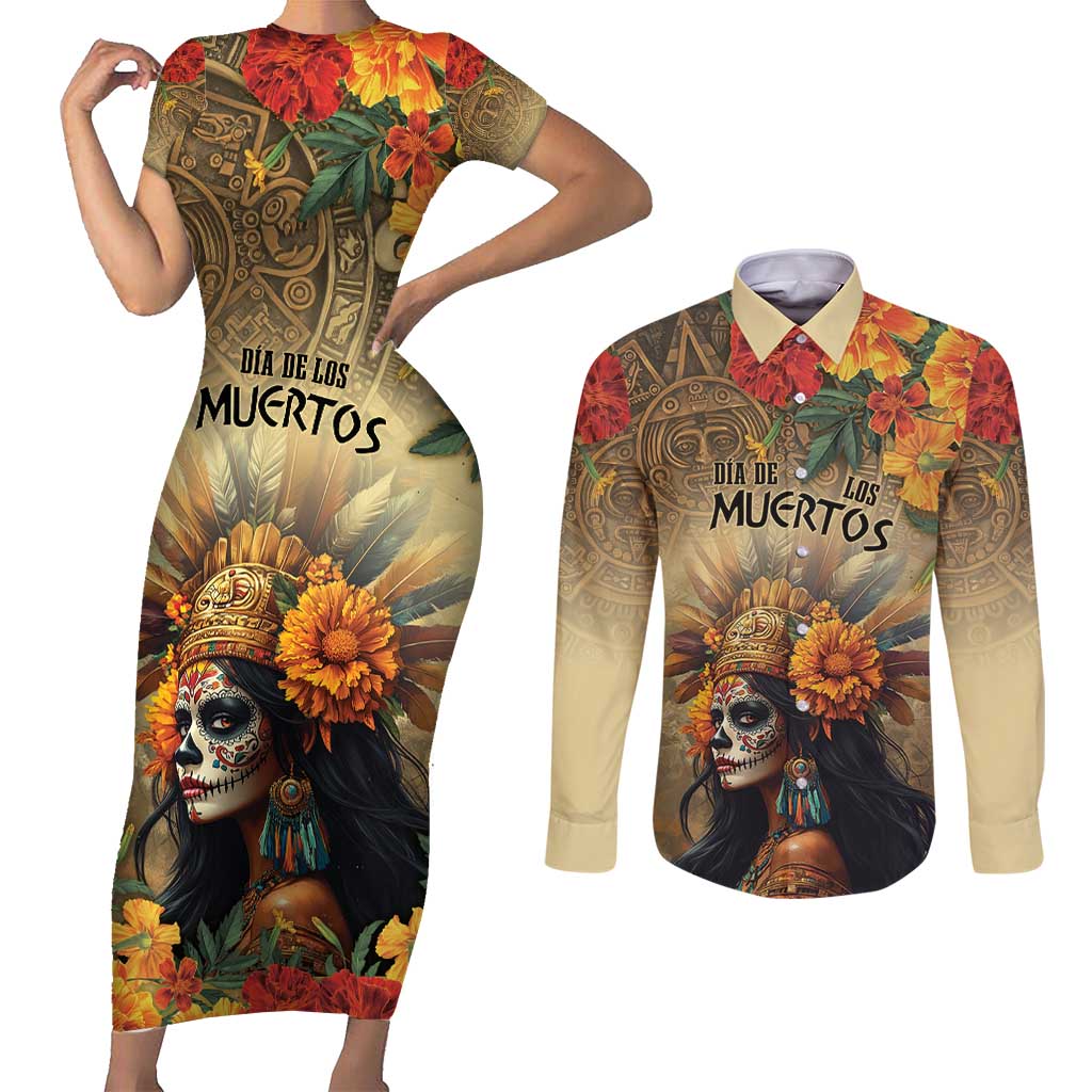 Dia de Los Muertos Mexico Couples Matching Short Sleeve Bodycon Dress and Long Sleeve Button Shirt Aztec Goddess Mictecacihuatl LT7 - Wonder Print Shop