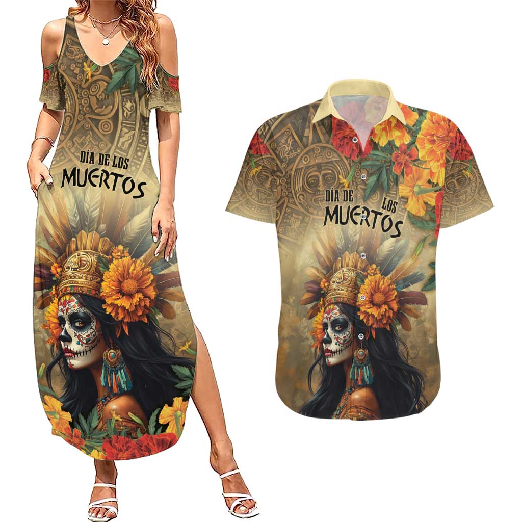 Dia de Los Muertos Mexico Couples Matching Summer Maxi Dress and Hawaiian Shirt Aztec Goddess Mictecacihuatl LT7 - Wonder Print Shop