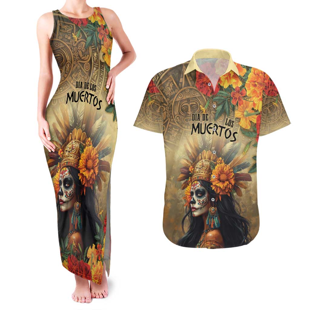 Dia de Los Muertos Mexico Couples Matching Tank Maxi Dress and Hawaiian Shirt Aztec Goddess Mictecacihuatl LT7 - Wonder Print Shop