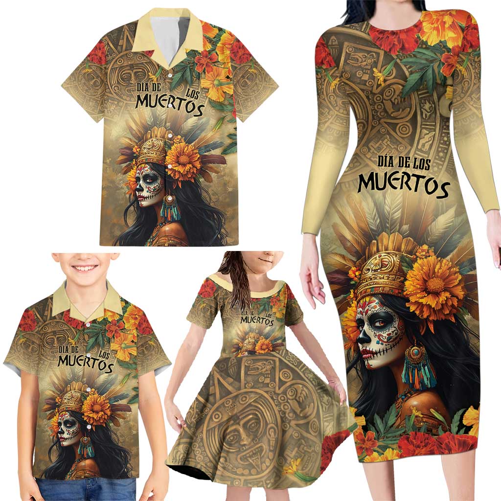 Dia de Los Muertos Mexico Family Matching Long Sleeve Bodycon Dress and Hawaiian Shirt Aztec Goddess Mictecacihuatl