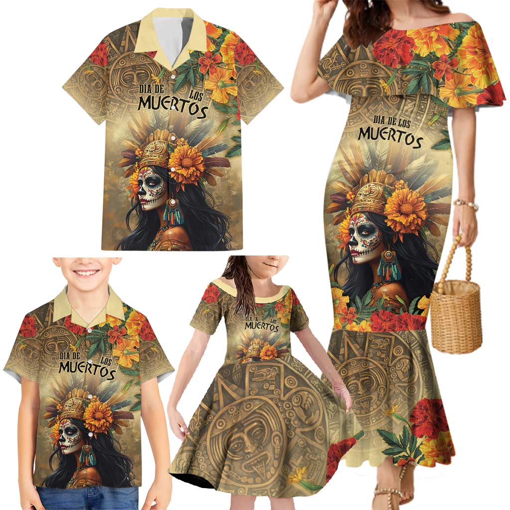 Dia de Los Muertos Mexico Family Matching Mermaid Dress and Hawaiian Shirt Aztec Goddess Mictecacihuatl