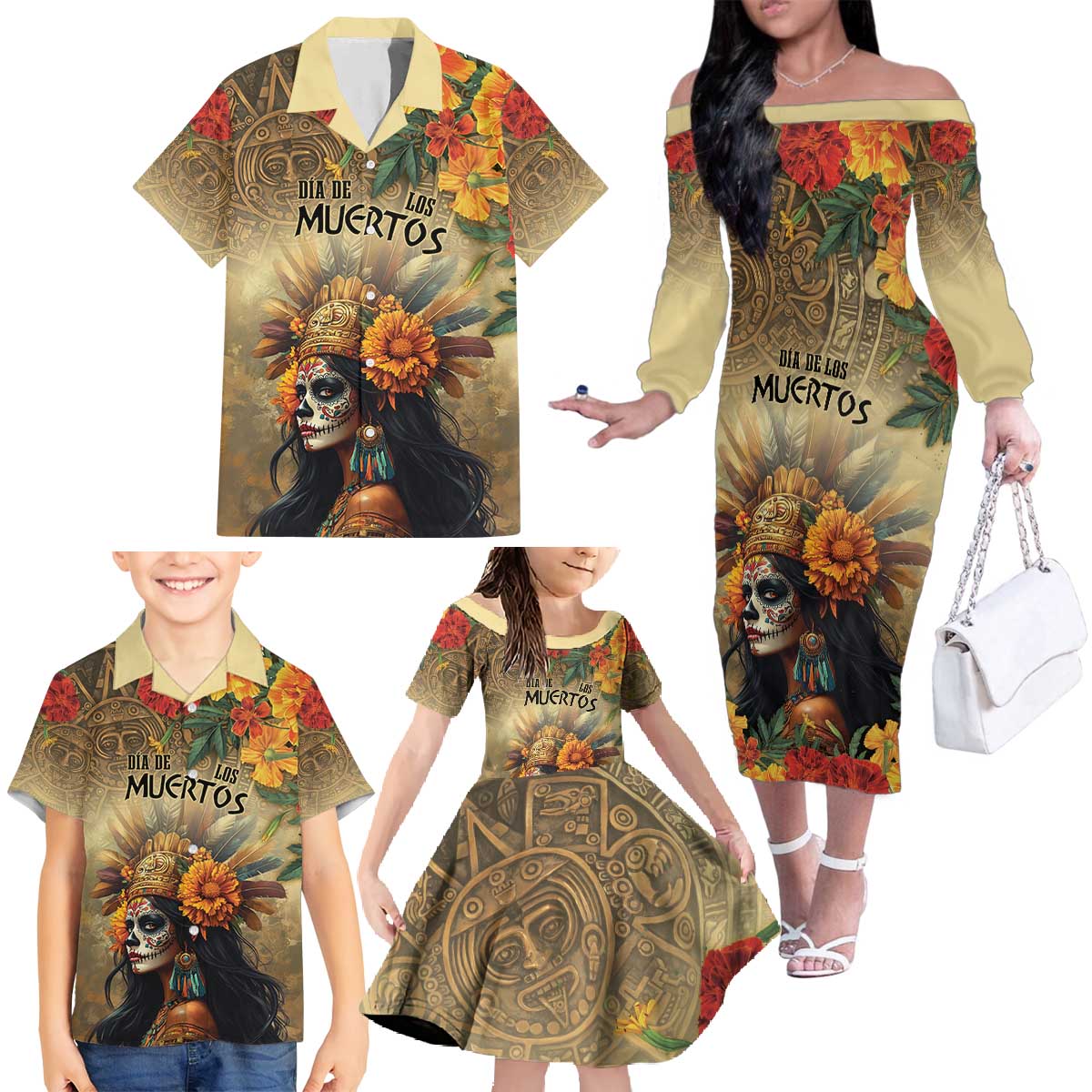 Dia de Los Muertos Mexico Family Matching Off The Shoulder Long Sleeve Dress and Hawaiian Shirt Aztec Goddess Mictecacihuatl