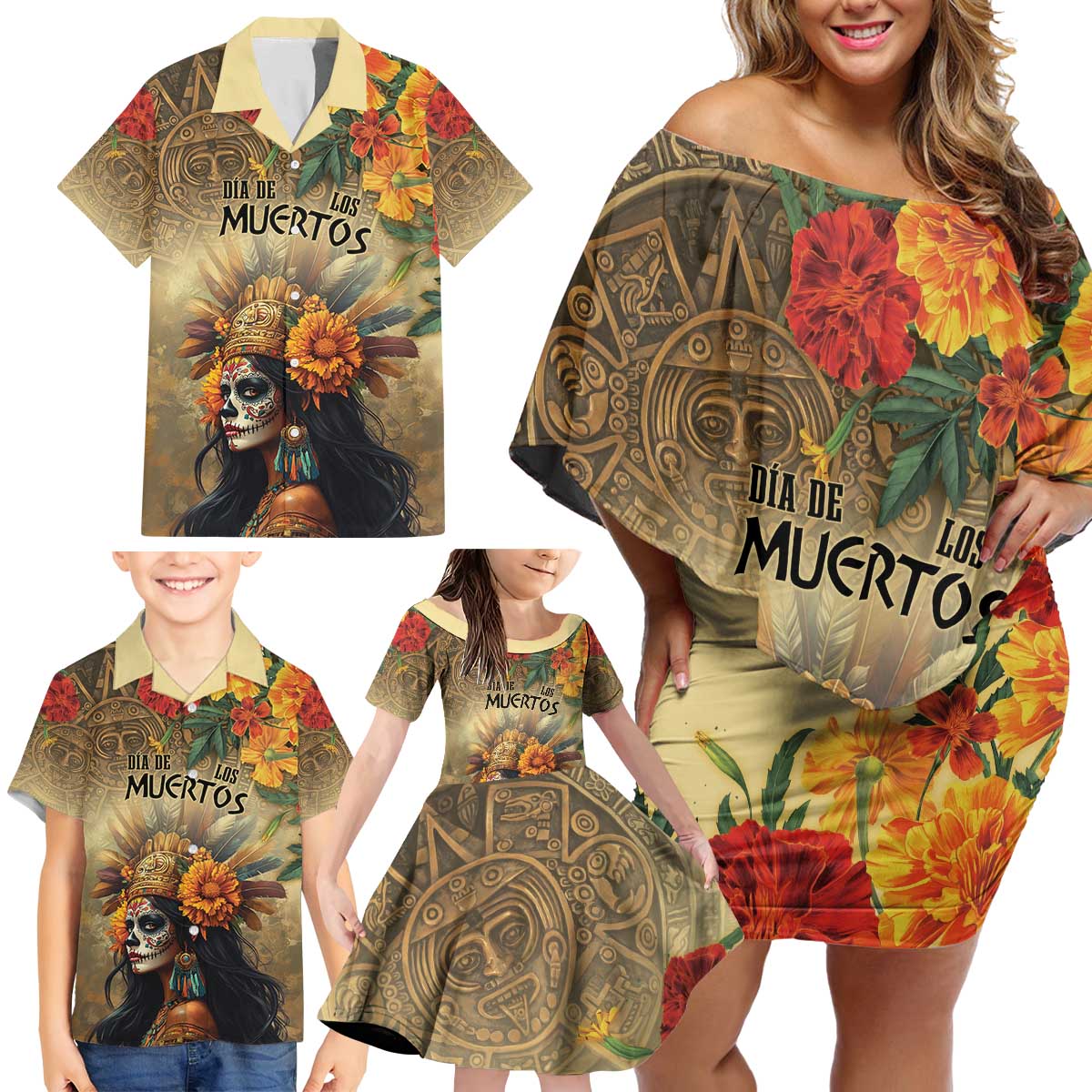 Dia de Los Muertos Mexico Family Matching Off Shoulder Short Dress and Hawaiian Shirt Aztec Goddess Mictecacihuatl