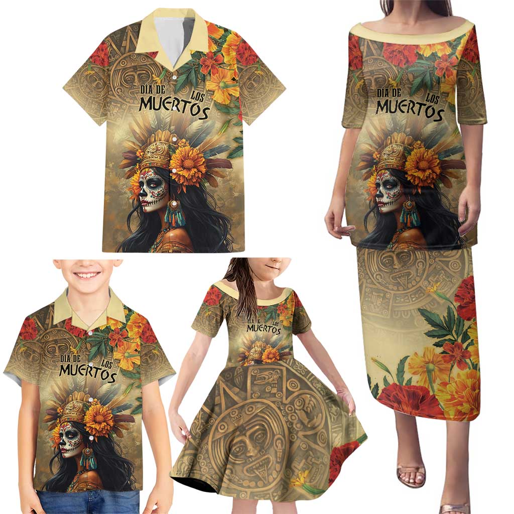 Dia de Los Muertos Mexico Family Matching Puletasi and Hawaiian Shirt Aztec Goddess Mictecacihuatl