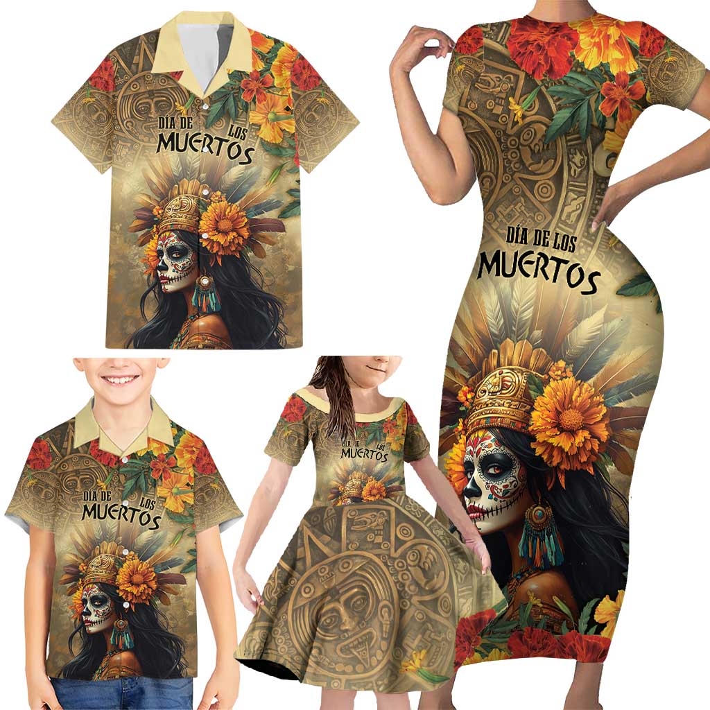 Dia de Los Muertos Mexico Family Matching Short Sleeve Bodycon Dress and Hawaiian Shirt Aztec Goddess Mictecacihuatl