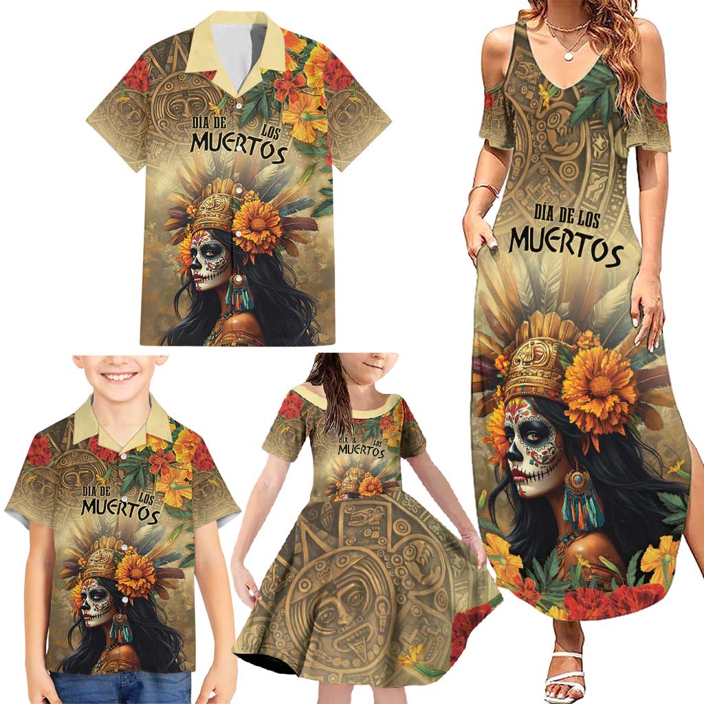 Dia de Los Muertos Mexico Family Matching Summer Maxi Dress and Hawaiian Shirt Aztec Goddess Mictecacihuatl