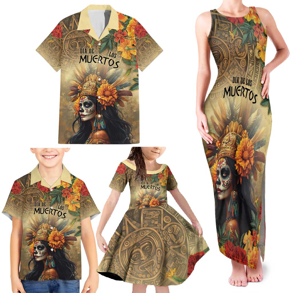 Dia de Los Muertos Mexico Family Matching Tank Maxi Dress and Hawaiian Shirt Aztec Goddess Mictecacihuatl