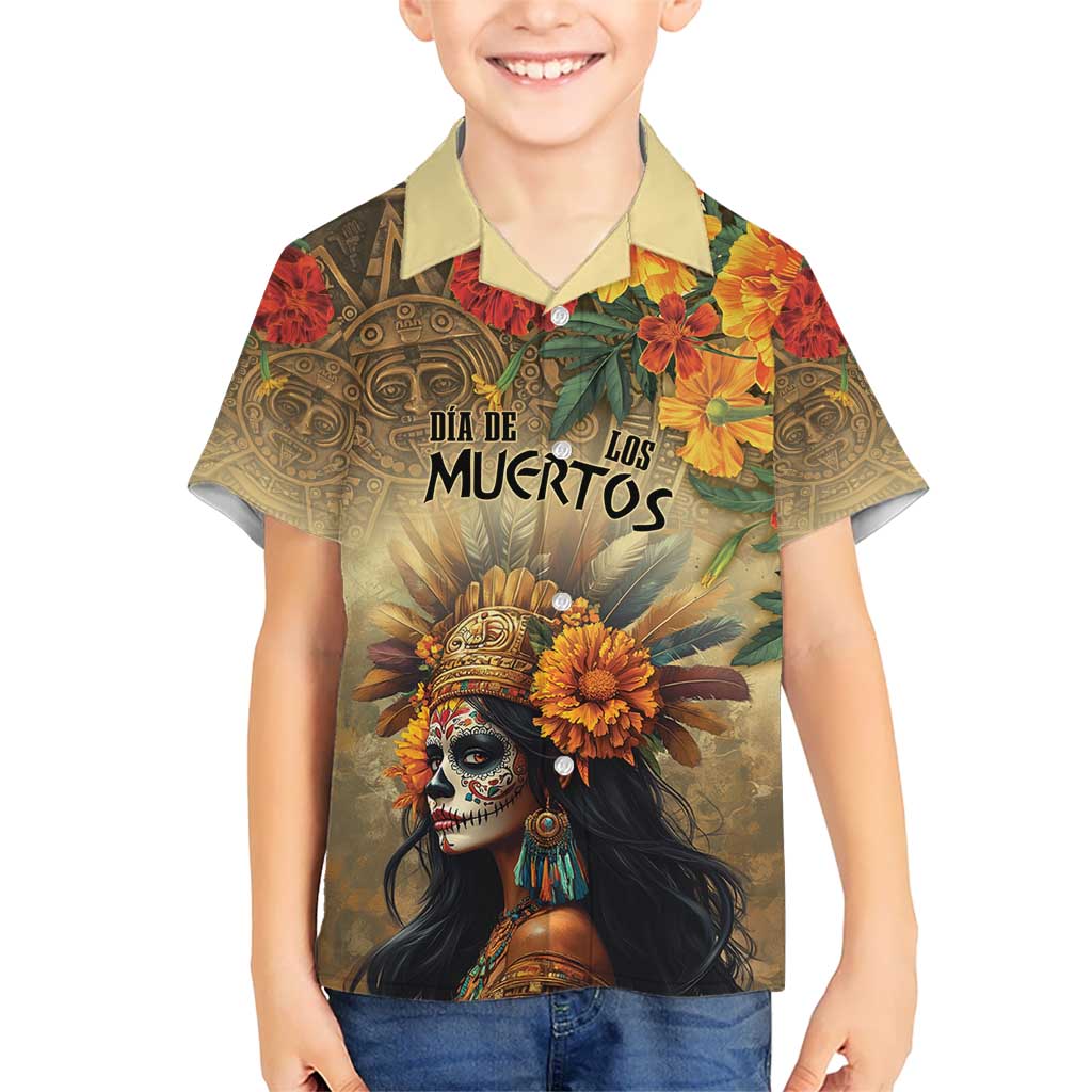 Dia de Los Muertos Mexico Kid Hawaiian Shirt Aztec Goddess Mictecacihuatl