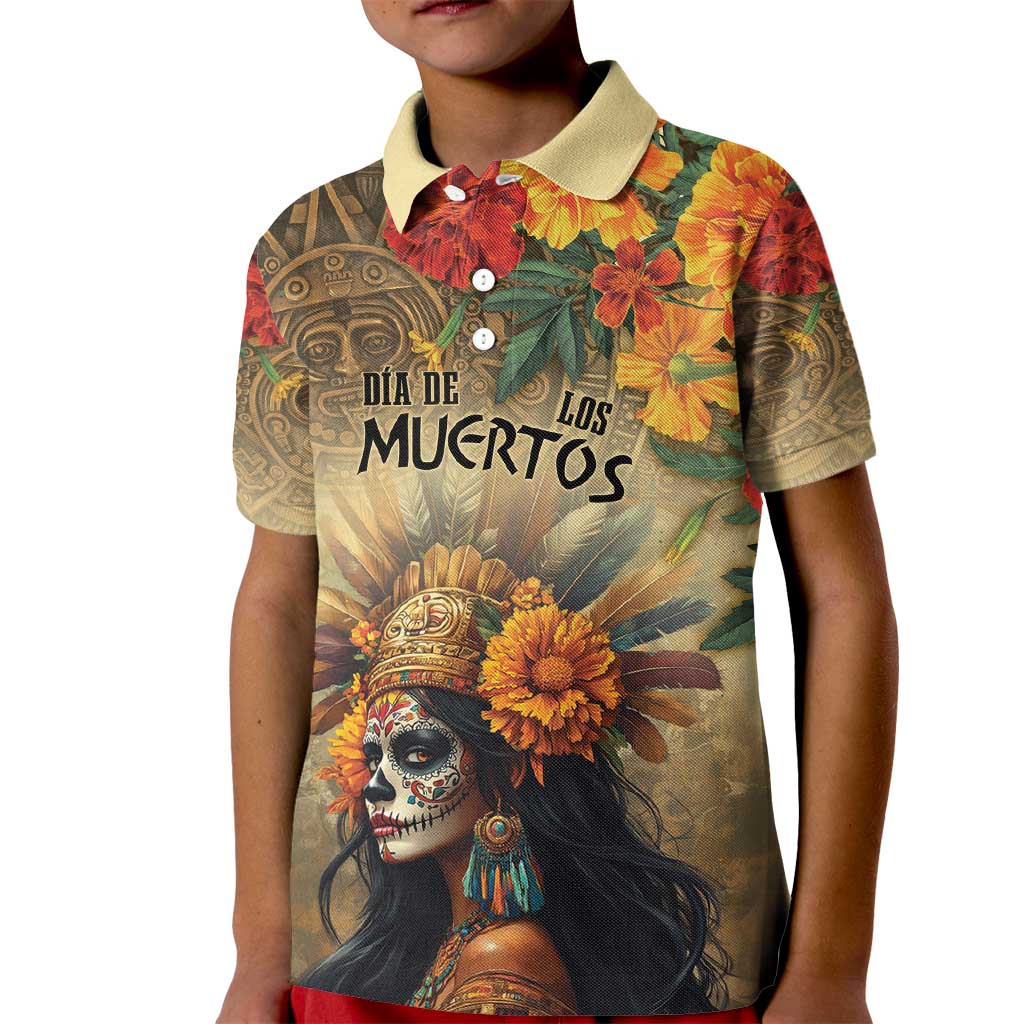 Dia de Los Muertos Mexico Kid Polo Shirt Aztec Goddess Mictecacihuatl