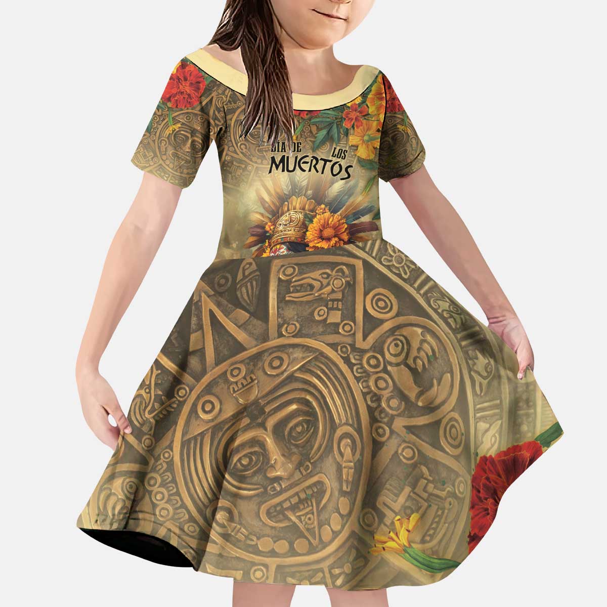 Dia de Los Muertos Mexico Kid Short Sleeve Dress Aztec Goddess Mictecacihuatl