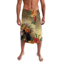 Knee-length printed skirt with colorful skull, flowers, and tropical leaves on front