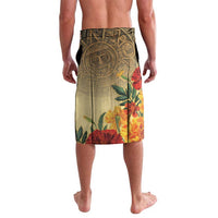 Knee-length printed skirt with ornate face, flowers, and tropical leaves on back