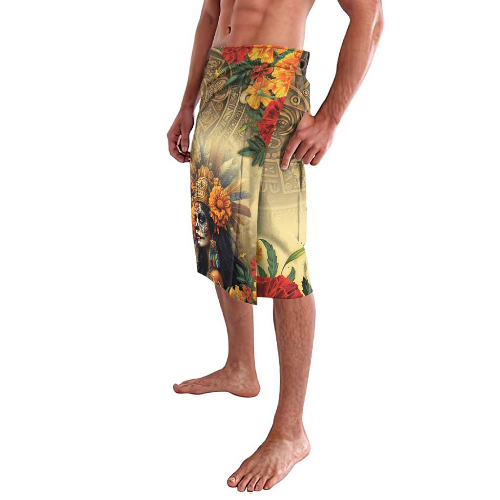 Knee-length printed skirt with skull and flowers; side view of multicolor hem