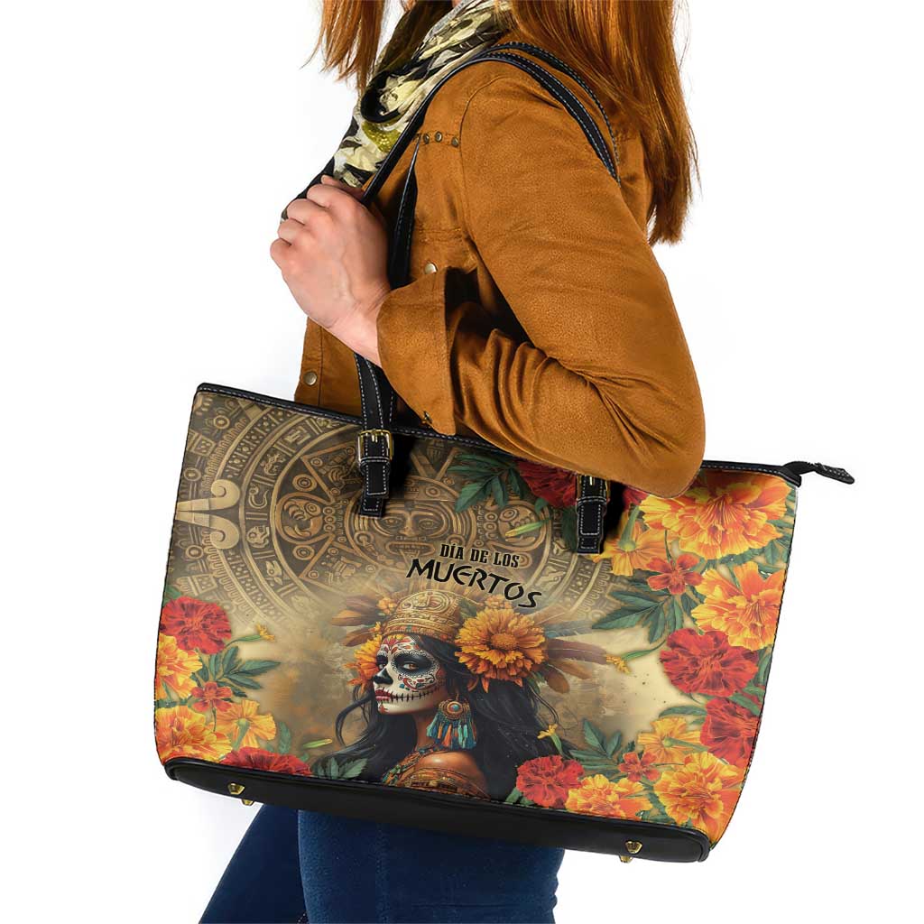 Dia de Los Muertos Mexico Leather Tote Bag Aztec Goddess Mictecacihuatl - Wonder Print Shop