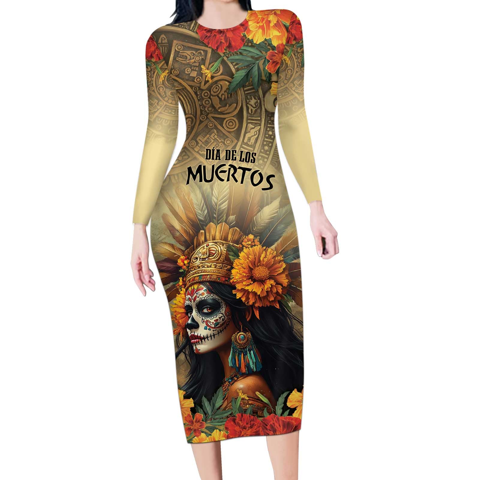 Dia de Los Muertos Mexico Long Sleeve Bodycon Dress Aztec Goddess Mictecacihuatl