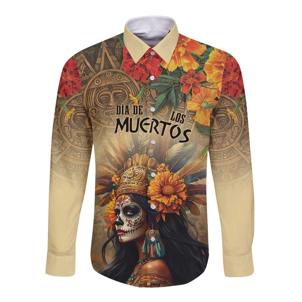 Unisex long-sleeve button shirt with colorful Dia de los Muertos front graphic