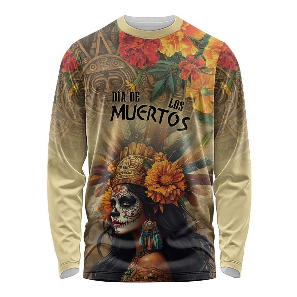 Dia de Los Muertos Mexico Long Sleeve Shirt Aztec Goddess Mictecacihuatl - Wonder Print Shop