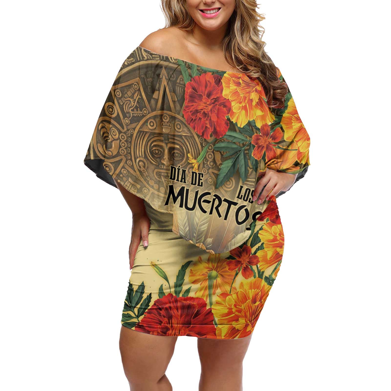 Dia de Los Muertos Mexico Off Shoulder Short Dress Aztec Goddess Mictecacihuatl - Wonder Print Shop