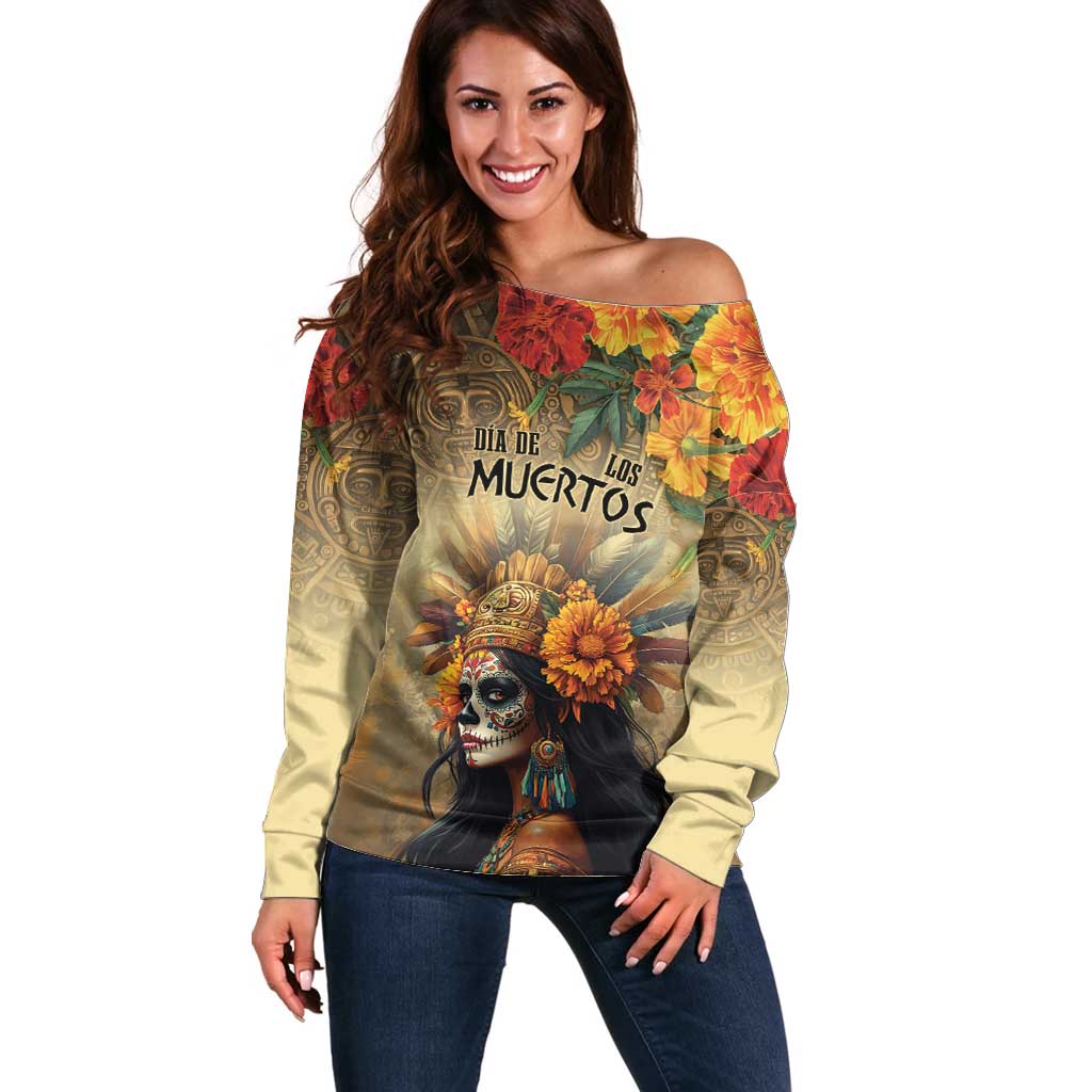 Dia de Los Muertos Mexico Off Shoulder Sweater Aztec Goddess Mictecacihuatl - Wonder Print Shop