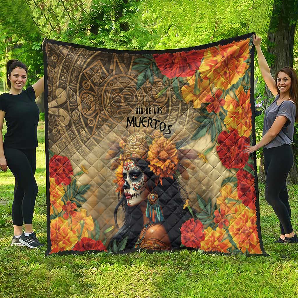 Dia de los Muertos quilt with Aztec goddess skeleton and red, yellow floral accents