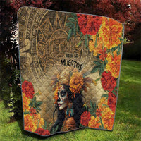 Dia de los Muertos quilt featuring Aztec patterns, skeleton goddess, and colorful flowers