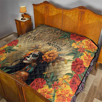 Dia de los Muertos quilt on a bed, showing skeleton goddess with floral leaf border