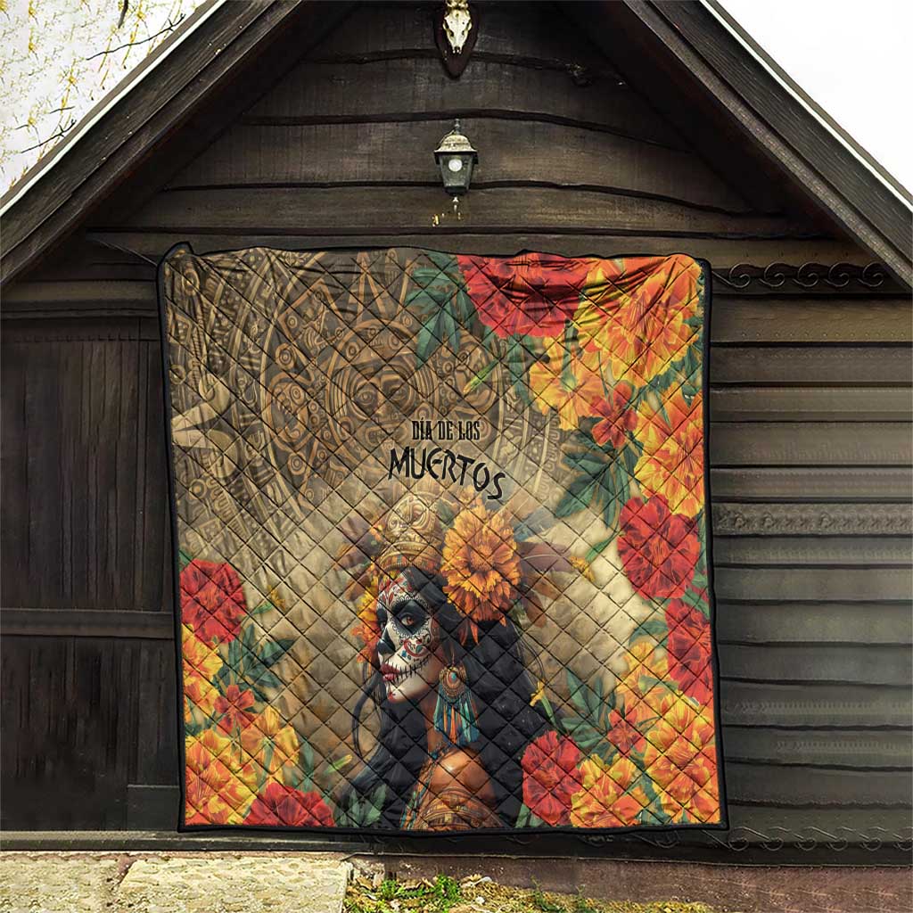 Dia de los Muertos quilt framed by wooden walls, with skeleton goddess and autumn flowers