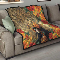Dia de los Muertos quilt draped on sofa, with skeleton goddess and multicolor floral design