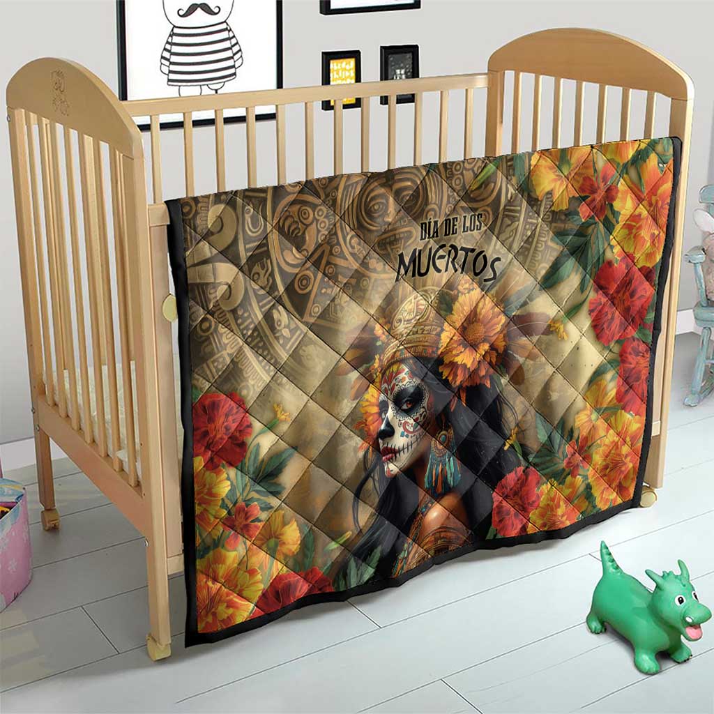Dia de los Muertos quilt laid on a toddler bed, featuring skeleton goddess and bright blooms