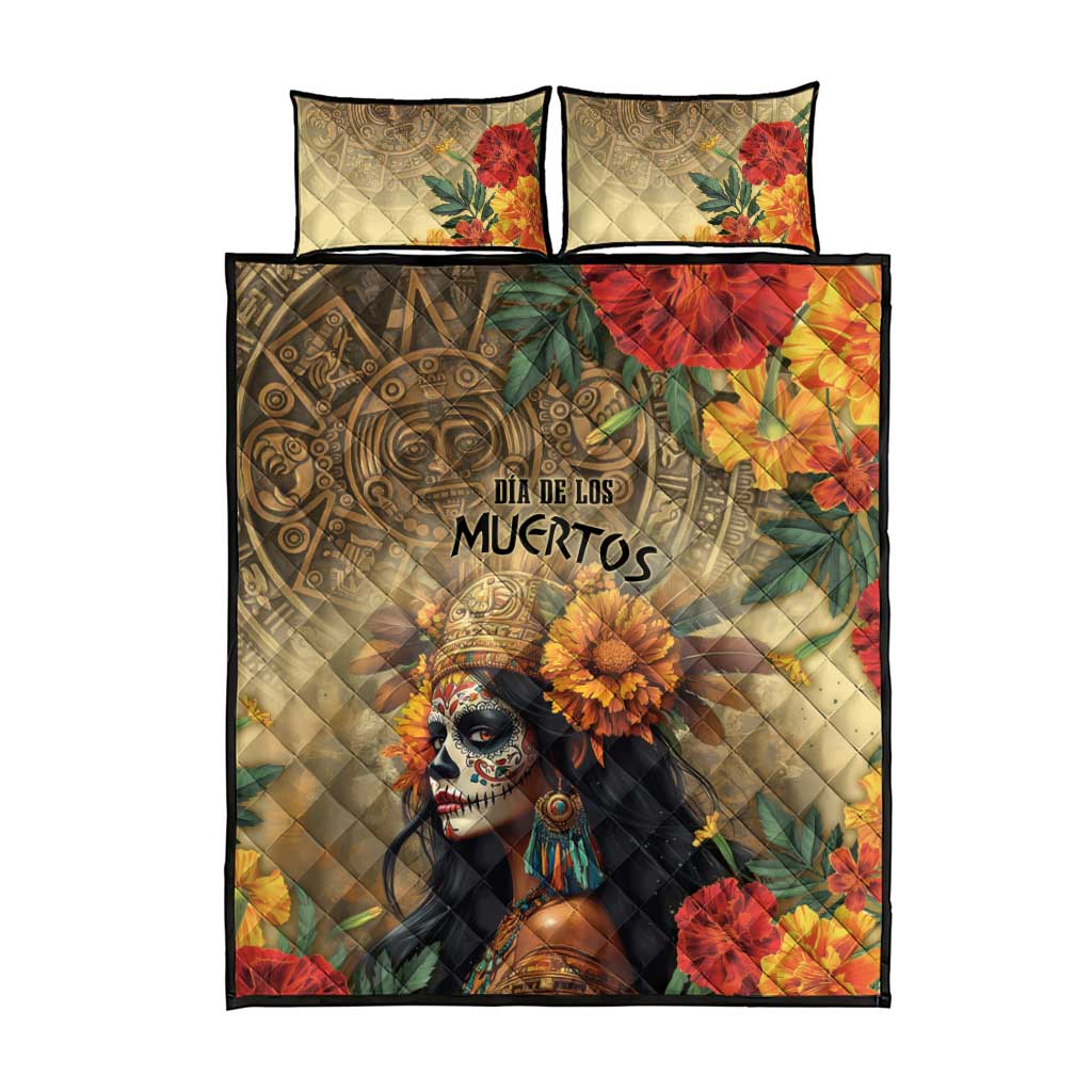 Quilt bed set with two pillows, skull goddess portrait, multicolor leaf and flower print