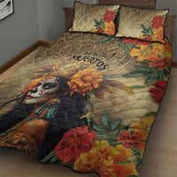 Quilt bed set with two pillows, skull goddess artwork across quilt, orange and red blooms