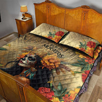 Quilt bed set with two pillows, skull goddess face and large floral leaves print