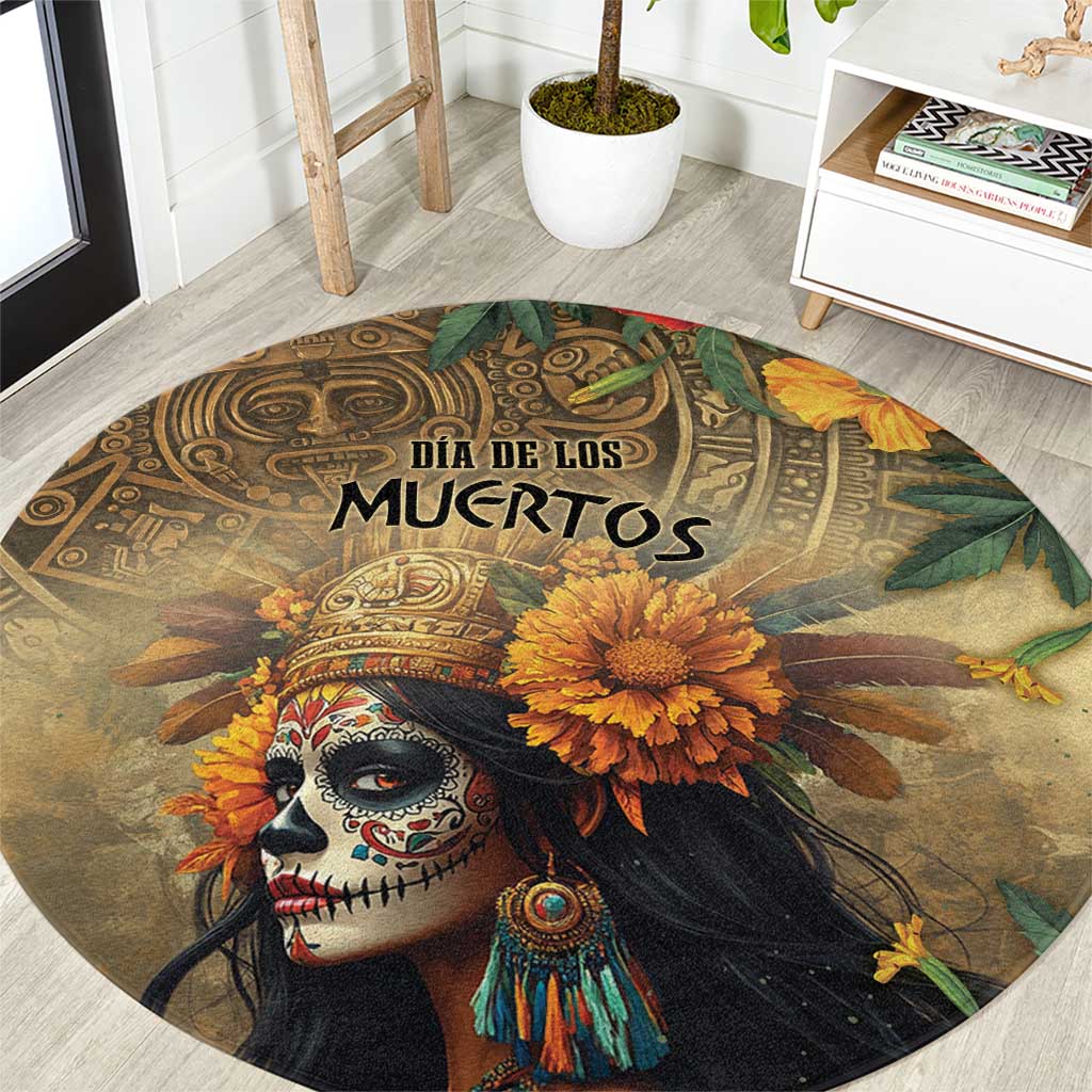 Dia de Los Muertos Mexico Round Carpet Aztec Goddess Mictecacihuatl