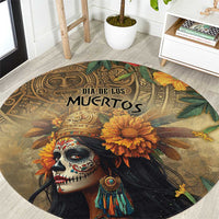Round Dia de los Muertos rug with skull goddess face, orange marigolds, bold center text