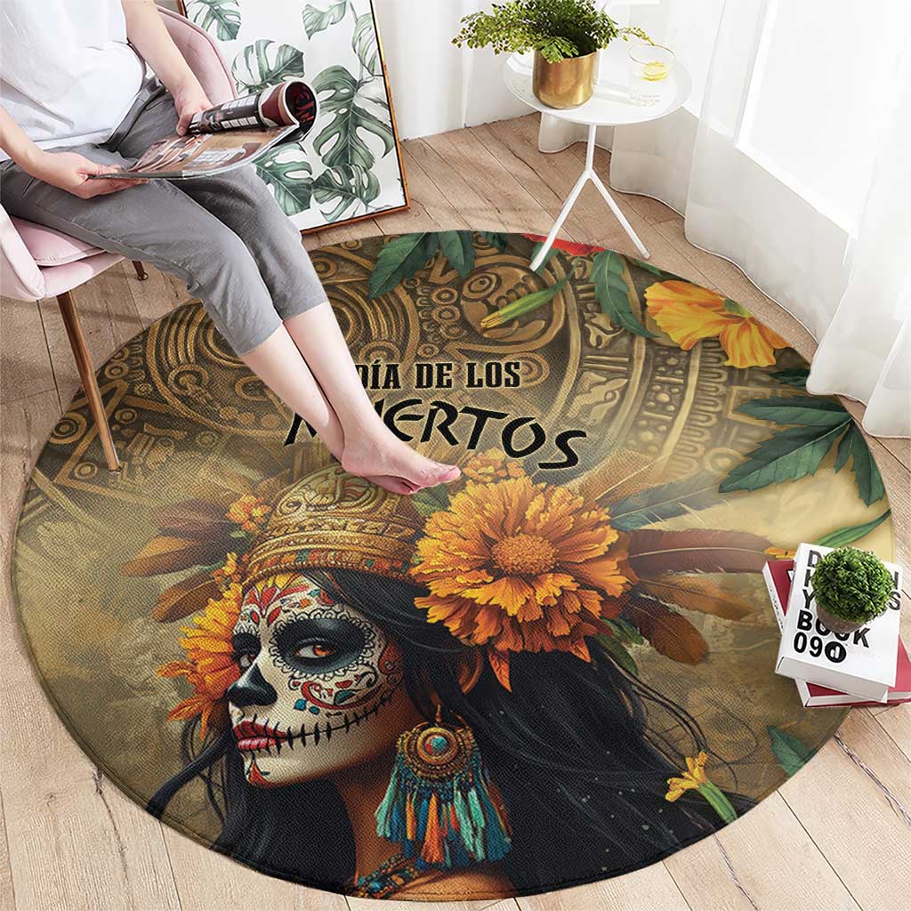 Round Dia de los Muertos rug with skull goddess portrait, large yellow flower, dark green accents