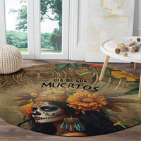 Round Dia de los Muertos rug with skull goddess portrait, marigolds, and center title text