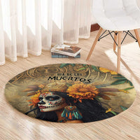 Round Dia de los Muertos rug with skull goddess portrait, marigolds, green leaves