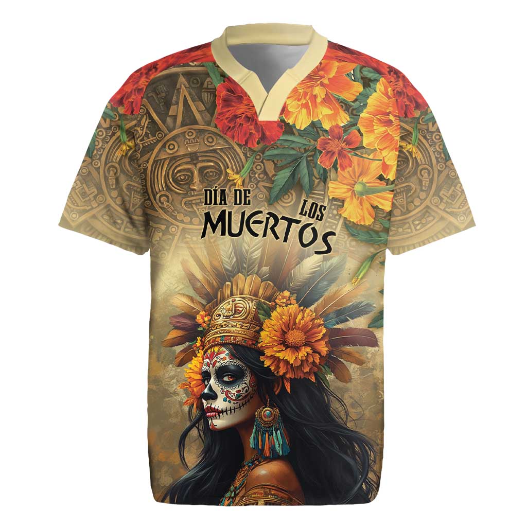 Dia de Los Muertos Mexico Rugby Jersey Aztec Goddess Mictecacihuatl - Wonder Print Shop