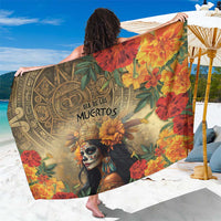 Dia de los Muertos sarong, skull-goddess print with flowers and gold text
