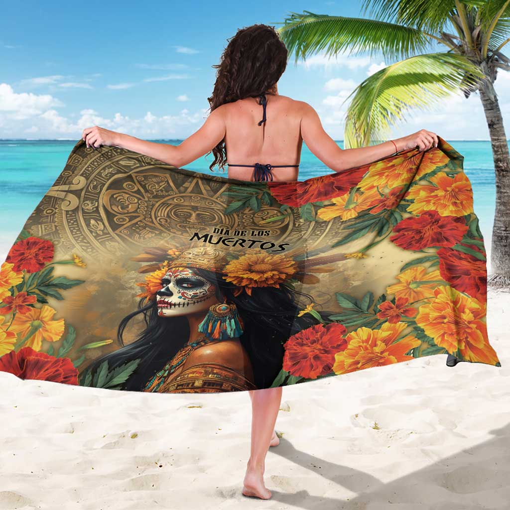 Dia de los Muertos sarong, back view with skull figure, flowers, and central text