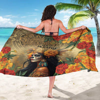 Dia de los Muertos sarong, back view with skull figure, flowers, and central text