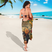Dia de los Muertos sarong, back drape with gold emblem, skull face, and colorful flowers