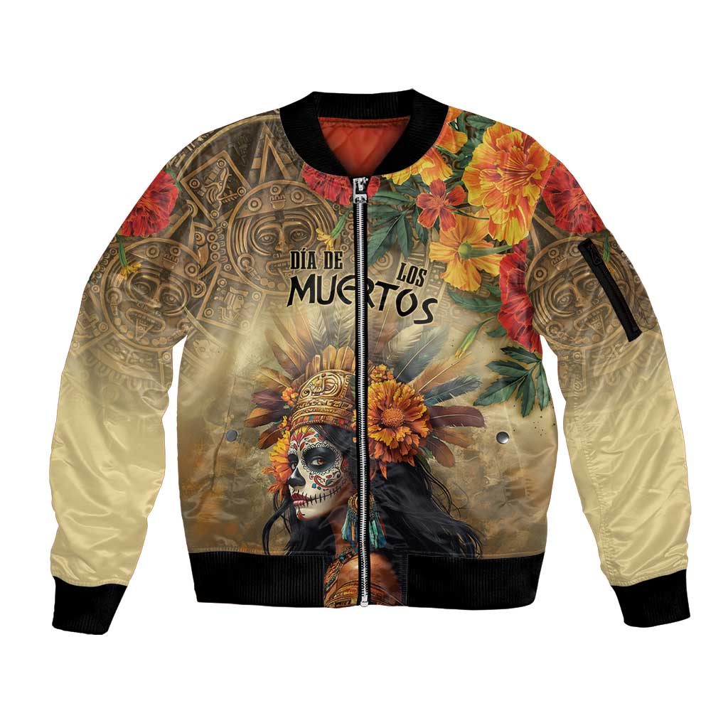 Dia de Los Muertos Mexico Sleeve Zip Bomber Jacket Aztec Goddess Mictecacihuatl - Wonder Print Shop