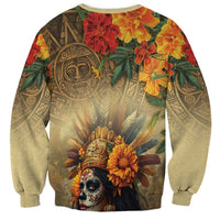 Unisex tan sweatshirt with aztec goddess face and floral skull front