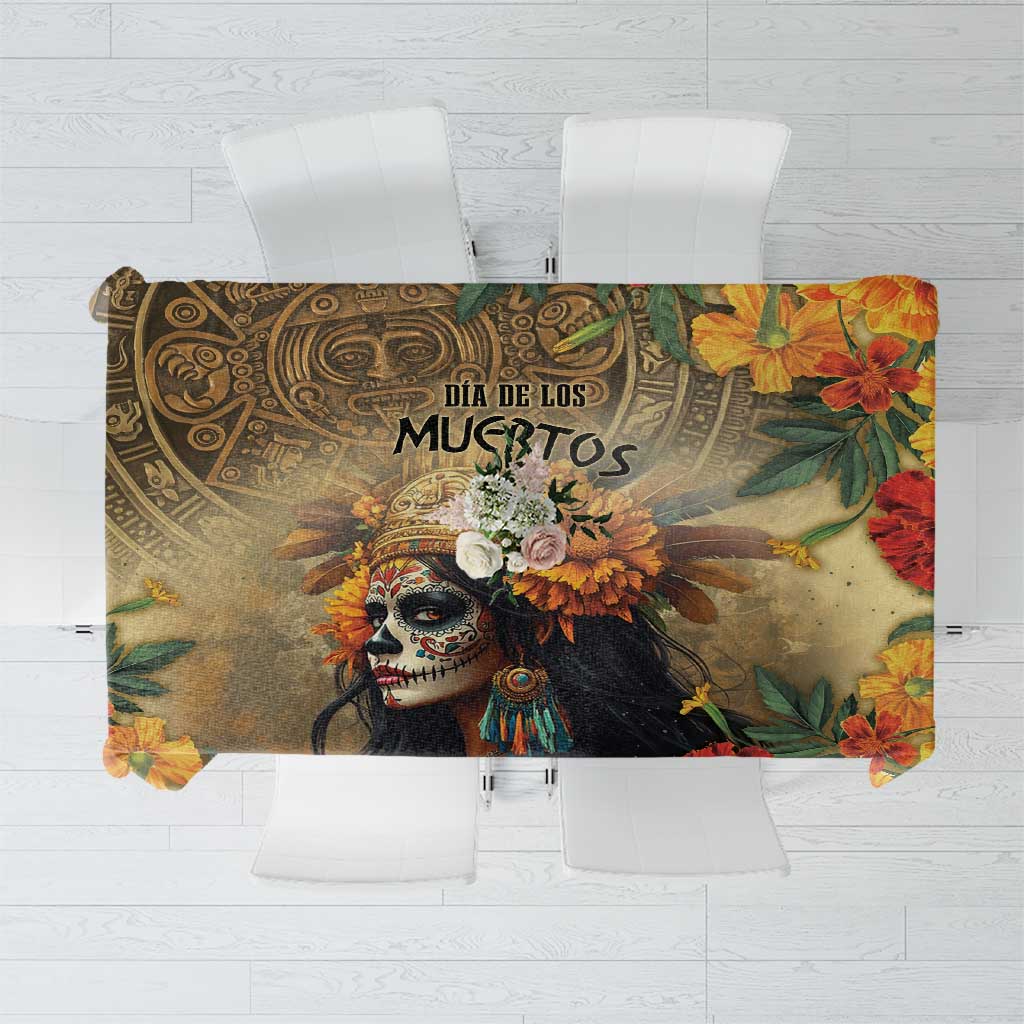 Rectangular Dia de los Muertos tablecloth with skull goddess portrait and colorful flowers