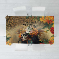 Rectangular Dia de los Muertos tablecloth with skull goddess portrait and colorful flowers