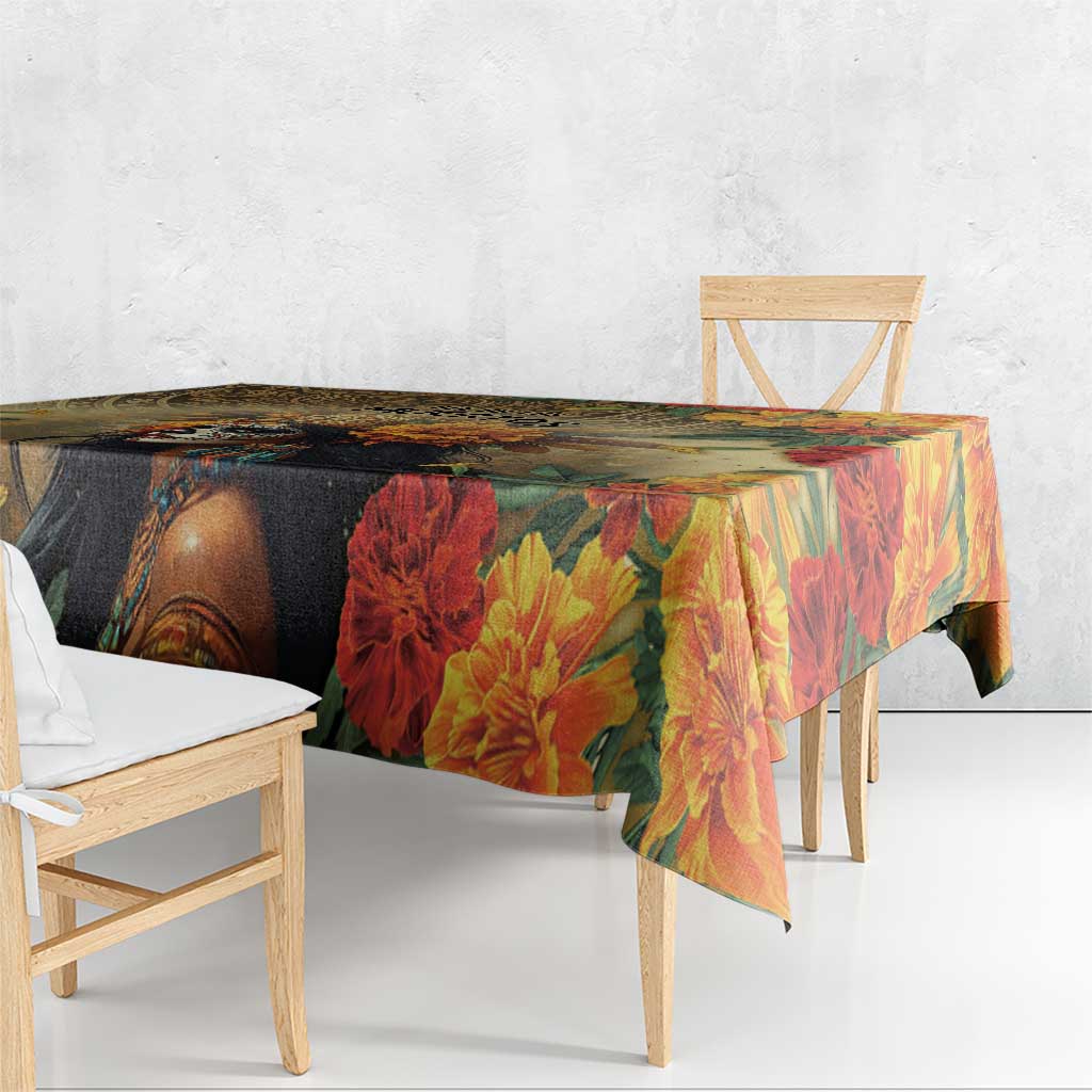 Rectangular tablecloth with large red flowers, multicolor leaves, and dark illustrated face