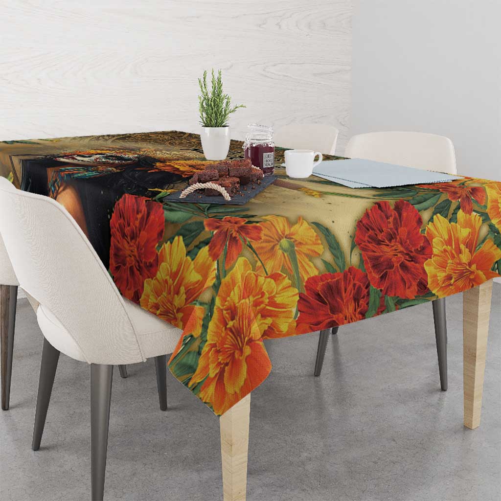 Rectangular tablecloth with vivid red and yellow flowers and a skull goddess illustration