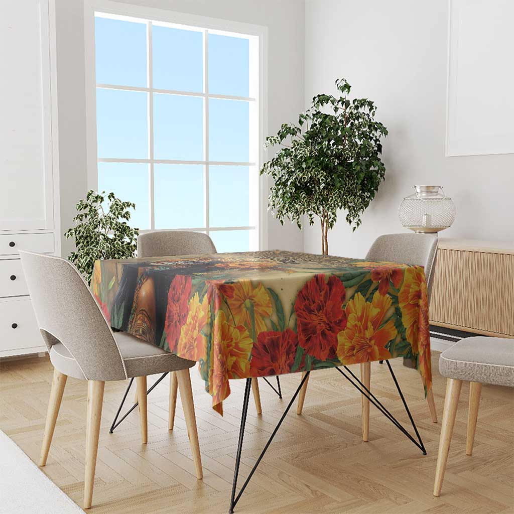 Rectangular tablecloth with bold red, yellow, and green floral pattern on dark background